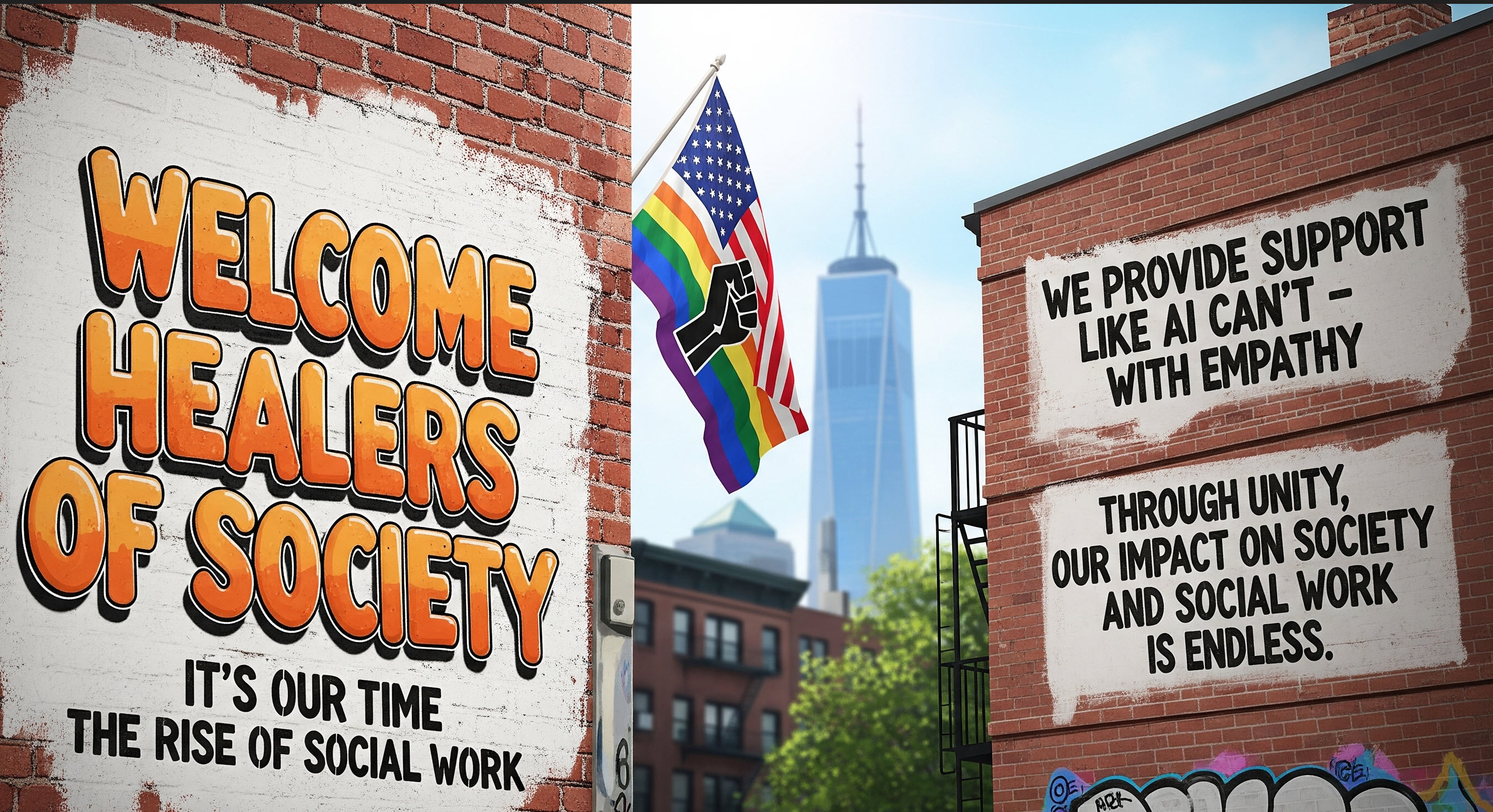 Social work community illustration showing city with advocacy and empowerment street signs